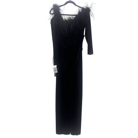 Xscape Feather Trim Off the Shoulder Long Sleeve Scuba Velvet Gown Size 12 NWT - Picture 8 of 12